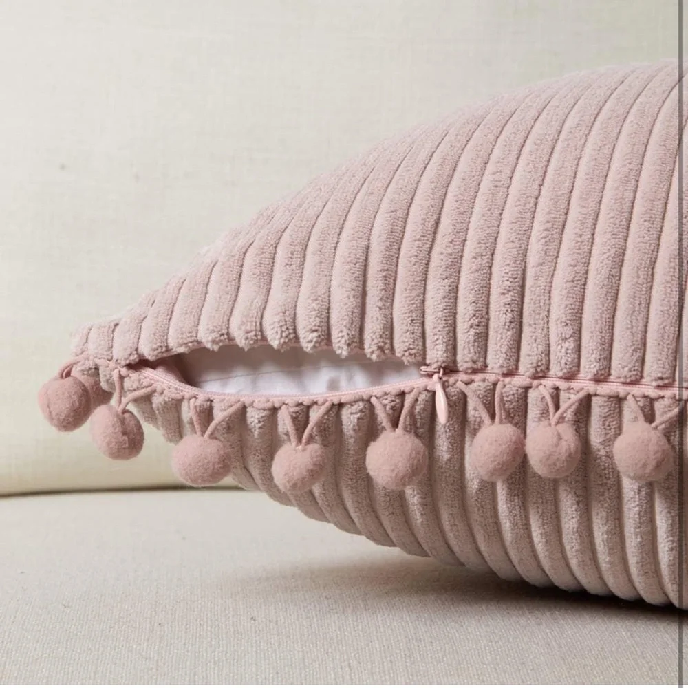 Pack of 2 Decorative Throw Pillow Covers with Pom-poms, Soft Corduroy 18x18 - Picture 3 of 5